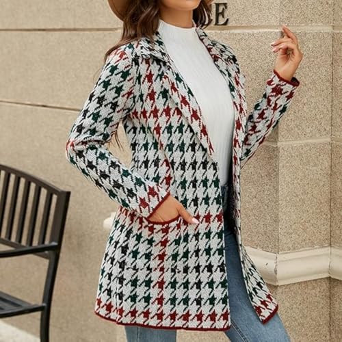 Women's Plaid Lapel Front Cardigan Sweater Button-Down Long Business Casual Knit Cardigan Sweater Suit Jacket4