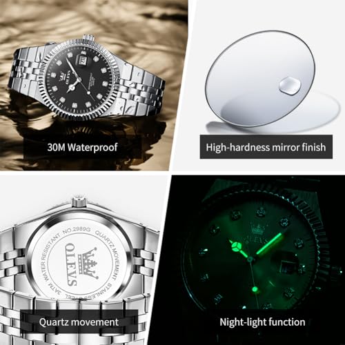 Image of OLEVS Mens Watches Luxury Diamond Calendar Stainless Steel Male Watches Business Dress Waterproof Luminous Fashion Watch for Men