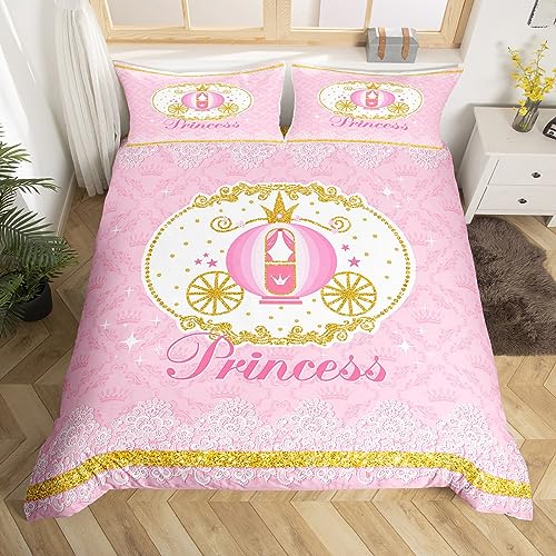 Women Pink Theme Duvet Cover Set Twin Size,2 Pieces Breathable Carriage Bedding Sets(1 Duvet Cover+1 Pillowcase),Children Princess Style Printed Comforter Cover Set for Girls Kids(No Comforter)