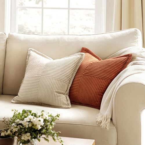 Image of MIULEE Fall Dark Rust Decorative Throw Pillow Covers for Couch Bed Livingroom 20x20 Inch Set of 2 Boho Accent Throw Pllows Broadside Striped Patchwork Soft Corduroy Pillowcases, Terracotta