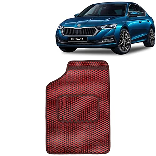Image of Kingsway Dotted Design Car Floor Foot Mats Universal Fit for Skoda Octavia, Model Year : 2019-2020, Water and Dustproof, Color Red, Set of 5 Pieces