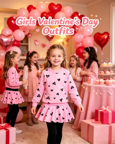 Image of Little Girls Outfits Clothes Toddler Long Sleeve Heart Print Hoodie Shirts Top + Leggings Kids Clothing Set