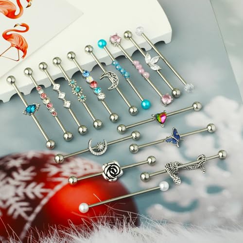 TIANCI FBYJS 7-16pcs 14G Stainless Steel Industrial Piercing Barbell Earring Cartilage Body Jewelry 38mm 1&1/2 Inch Industrial Piercing Bar for Women Men Snake Chain Dangle2