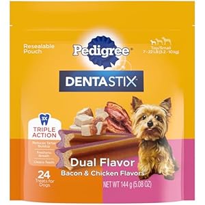 PEDIGREE DENTASTIX Dual Flavor Small Dog Dental Treats, Bacon & Chicken Flavors Dental Bones, 5.08 oz. Pack (24 Treats)