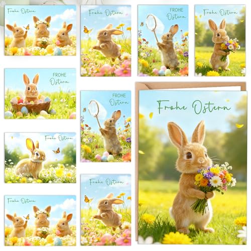 Osterkarten mit Umschlag Set 12 Stück Osterkarten Karte Ostern Osterkarte Aufklappbar mit Ostereier Hasen Grußkarten Frohe Ostern Karte Hochwertig Frühling Karten Postkarte für Familie Freunde
