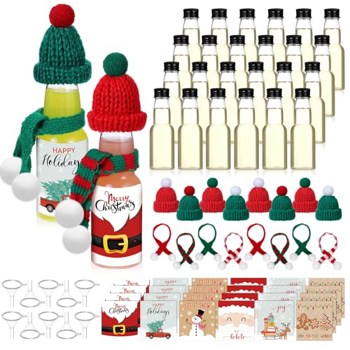 Mimorou 24 Set Christmas Mini Liquor Bottles Include Small Shot Bottles with Caps Funnels Tags Mini Knit Hat and Xmas Scarf for Wine Making Christmas Party Favor Decorations
