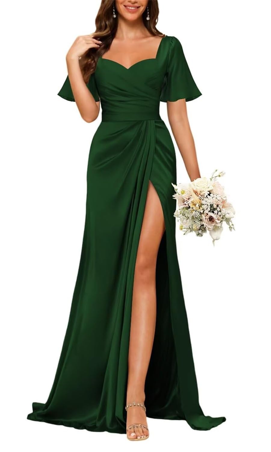Hppee Women's Emerald Green Bridesmaid Dresses With Sleeves For With Slit Corset Prom Dress Long Ball Gown With Sleeves Uk10
