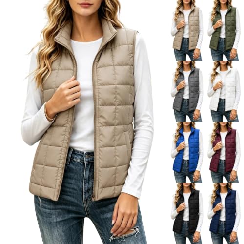 XOGWVJ Puffer Vest Women Lightweight Quilted Sleeveless Jacket Stand Collar Zip Up Warm Fall Winter Casual Outerwear Coat Women's Vests Dressy Casual Khaki S - image 1