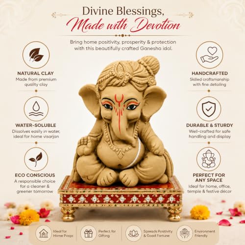 Image of Clay Ganesh Idol, 4 Inches Height, Water Soluble Ganpati Murti for Ganpati Visarjan (Small) (Natural Brown - Bal Gopal)