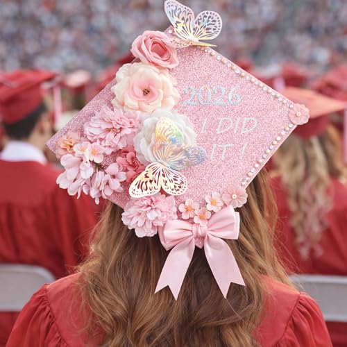 42PCS Graduation Cap Decorations Kit 2026, Pink DIY Grad Cap Topper Set with Glitter Topper Boards, 3D Butterflies, Letter Stickers, Pearls, Rhinestones, Flowers for Class of 2026 by Echpzed - Image 6