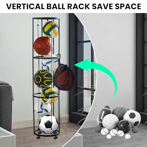 Shiawase 3 Tier Ballständer mit Rollen Sparende Abnehmbare Stehend Ballhalter mit Netto, Ball Aufbewahrungsregal, Garage Ball Aufbewahrung Sports Storage für Volleyball, Basketball, Fußball