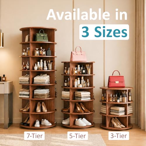 Image of 360 Rotating Multipurpose Storage Cabinet - Laminated Engineered Wood Organizer Rack | Space-Saving Rotating Shelf for Bedroom, Living Room, Dressing Area & Bathroom (Teak Brown, 3-Tier)