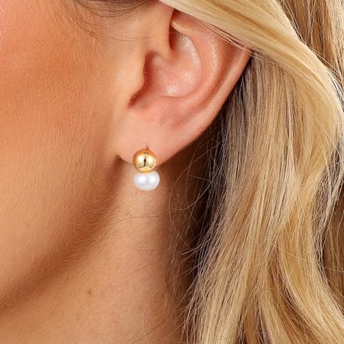 Fiusem Pearl Earrings for Women 14K Gold Plated, 925 Sterling Silver Post Hypoallergenic Big Pearl Stud Ear Jacket Wedding Earring Jewelry4