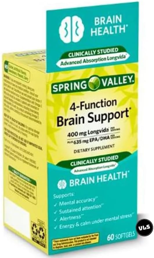 Spring Valley 4-Function Brain Support, 60 Count + EDVLS Sticker.