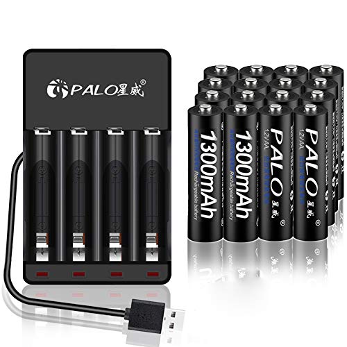 PALO 16 Pack AA 1300mAh Rechargeable Ni-MH Batteries Battery with Free 4 Bay AA AAA USB Battery Charger