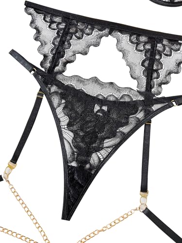 Image of Lilosy Sexy Choker Floral Lace Scallop Sheer Underwire Push Up Garter Belt Lingerie Set 3 Piece