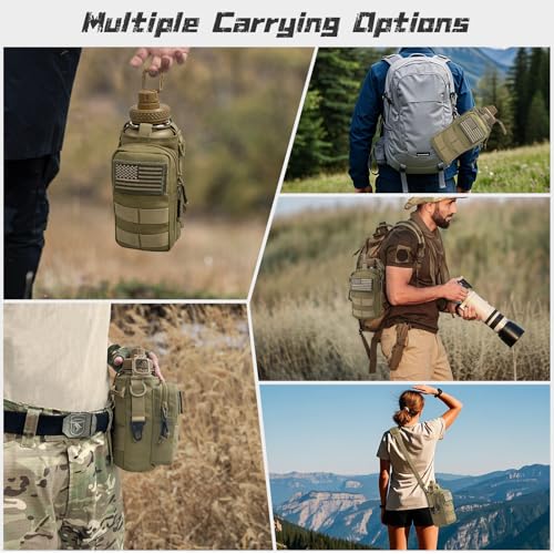 Image of 32 oz Insulated Water Bottle with Sleeve - Tactical Stainless Steel Metal Water Jug, Wide Mouth Gym Water Bottles for Men Sports Workout Hiking with Pouch Khaki