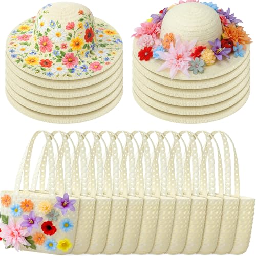 Funnysoft 12 Sets DIY Straw Hat with Handbag Tea Party Hat and Purse for Beach Summer Farmer Cap Birthday Party Travel Gift(Milky White XL Age 16+)