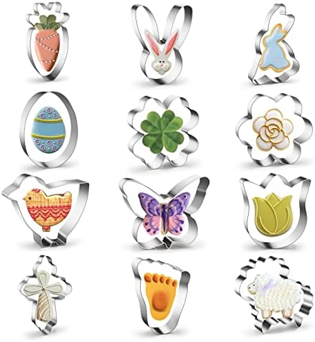 Spring Easter Cookie Cutters Set of 12, Stainless Steel Metal Biscuit Cutter Molds, Easter Egg Bunny Face Rabbit Carrot Butterfly & Daisy Flower Shaped Sandwich Fondant Molds for Party Supplies Decor