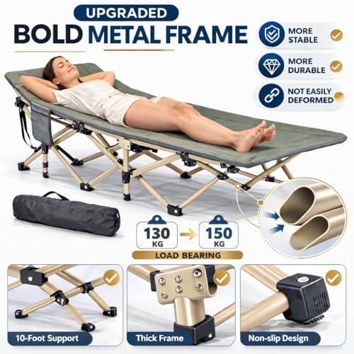 Image of Folding Bed Single for Sleeping 6 Ft Portable Foldable Outdoor Camping Cot for Adults Heavy Duty Sleeping Bed for Travelling Camping Cots with Side Pocket & Carry Bag (Upto 150KG)