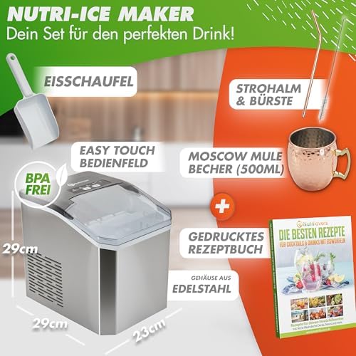 Bild 1 - Nutrilovers Eiswürfelmaschine NUTRI-ICE MAKER Edelstahl Eiswürfelbereiter, Transparente Eiswürfel 2 Größen (S/L) inkl. Moscow Mule Becher & Rezeptbuch