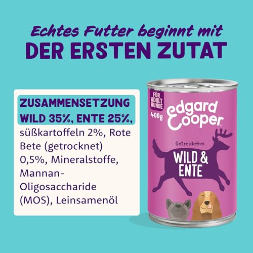 Edgard & Cooper Nassfutter für Hunde (Wild & Ente, 400g x 6), Getreidefrei, natürliche Zutaten und frisches Fleisch, voller essentieller Aminosäuren