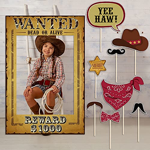 9 Pieces West Wanted Photo Booth Prop Kit Cowboy Party Decoration Cowboy Theme Photo Booth Prop Set Wild Western Selfie Photo Booth Poster for Cowboy Cowgirl Rustic Party Supplies, 23.62 x 15.74 Inch