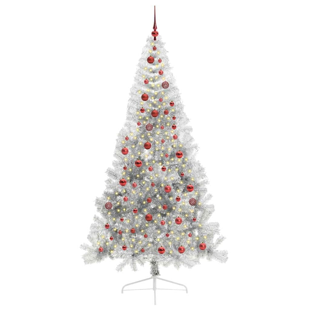 Sztuczna podświetlana choinka srebrna, 210 cm, PET odporna na promieniowanie UV, 300 diod LED o ciepłej białej barwie, do użytku wewnątrz i na zewnątrz, ze stojakiem i kulkami