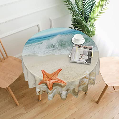 Sweetshow Summer Beach Tablecloth Round 60 Inch Waterproof Polyester Washable Circle Sand Starfish Ocean Waves Table Cover Table Cloth for Kitchen Dining Room Indoor Outdoor Picnic Patio Party by Sweetshow - Used condition - Image 2