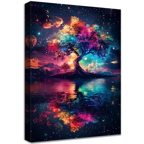 Cadre en Bois Impression sur Toile Arbre De Vie Coloré Tableau Image sur Toile Scène de Nuit étoilée Bleu Rouge Arbre Tableau Decoration Murale Salon...