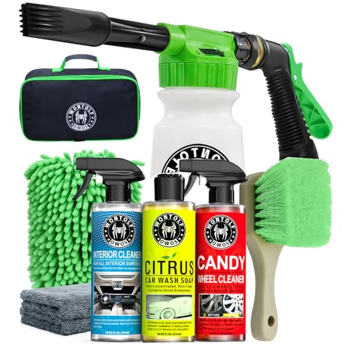 Wontolf CWK188 Car Wash Kit with Foam Gun, Car Wash Soap, Interior Detailer Cleaner, Wheel Cleaner, Car Care Cleaning Detailing Kit for Cars Trucks RVs SUVs Motorcycles (Works w/Garden Hose), 10 Items