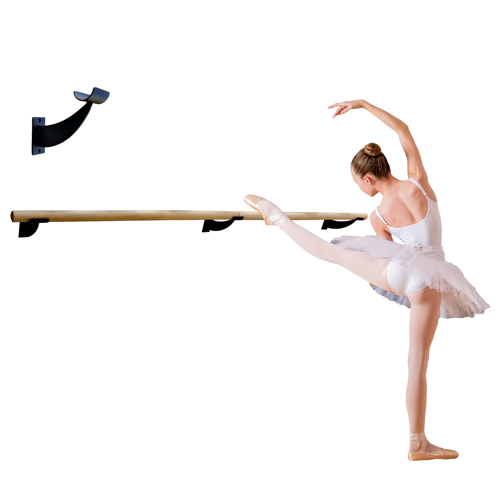 Ballet Barre Single Bar 8 FT Long 2.0” Diameter Black, Kids and Adults | Open Bracket Wall Mounted Fixed Height Wooden Ballet Barre | Home/Studio Ballet Bar, Dance Bar, Stretch Bar, Dancing/Stretching