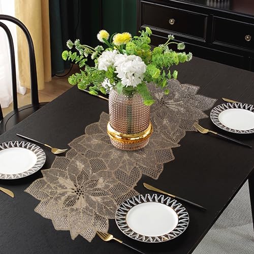 Image of Kuber Industries Leather Table Runner for Party, Wedding, Family Dinners | Coffee, Dining, Kitchen, Center Table | Flower | Golden