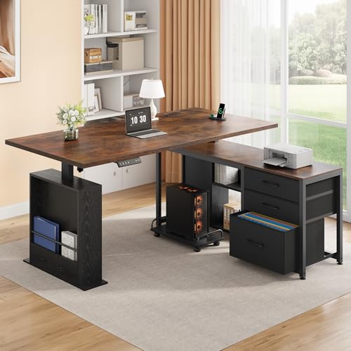Image of 63 Inch L Shaped Desk with 3 Drawers Electric Standing Desks with Storage Computer Table Adjustable Height with Power Outlets 4 Memory Presets for Home Office, Rustic Brown