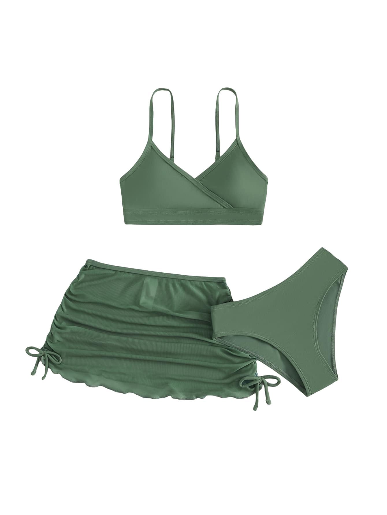 Verdusa Girl's 3 Piece Bikini Swimsuits Bathing Suit with Cover Up Beach Skirt Olive Green 11-12Y
