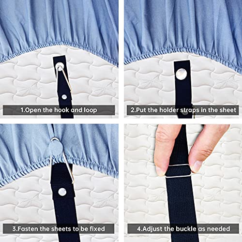 Scyrox Bed Sheet Fasteners, Upgraded Bed Sheet Holder Strap Suspenders, Adjustable Elastic Band Mattress Pad Clips Gripper Holder, Fitted Sheet Stays Keepers, 4 Pcs/Set Black #TOP3