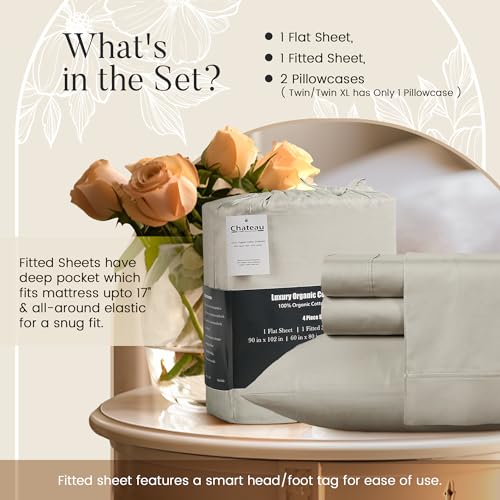 100% Organic Cotton XLTwin Sheets Set, 300TC Sateen Weave 3 PC Twin XL Bed Sheets, Fully Elasticated Sheet & Pillowcase Sets, Soft & Comfy No lint Machine Washable Fade Resistant- Silver