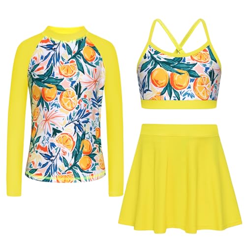 Seanrui Girls Swimsuit Long Sleeve Swim Shirt 3 Piece Rash Guard for Girls Bathing Suit with Boyshorts Yellow 9-10 Years