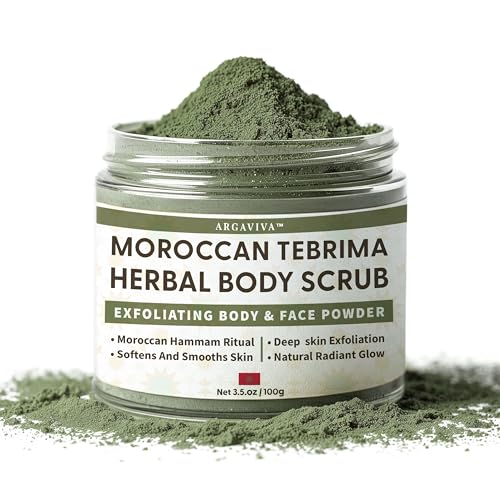 Moroccan Tebrima Herbal Exfoliating Body Scrub Powder | Natural Body Exfoliator for Women & Men Gentle Bikini Exfoliating Scrub with Nila Henna Rose & White Clay for Smooth Glowing Skin