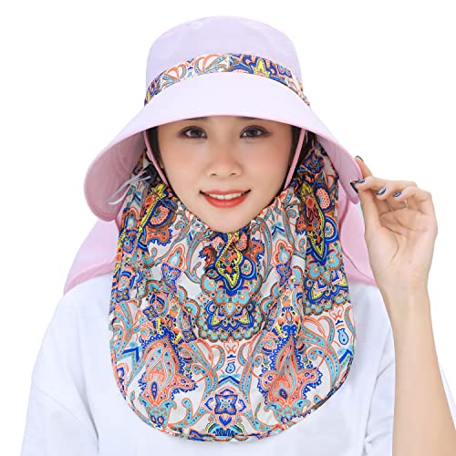 Image of Women Wide Brim Face Mask Sun Hat Detachable Neck Face Flap Ponytail UV Protection Visor Hat Garden Fishing Hiking