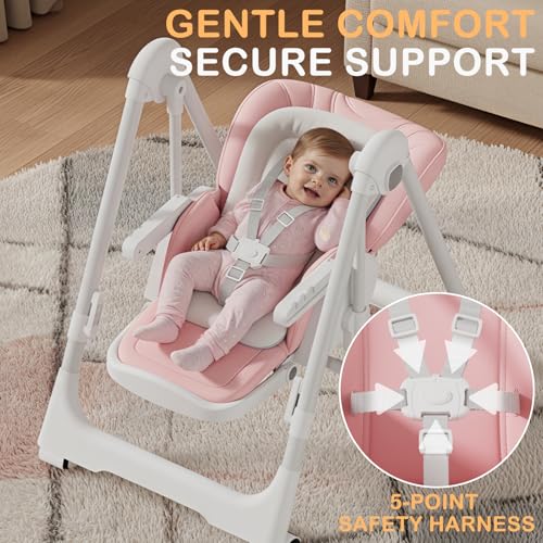 Image of 3-in-1 Foldable High Chairs for Babies and Toddlers with Rocking Mode | Baby High Chair with 5 Height Levels, Adjustable Backrest & Footrest, Lockable Wheels
