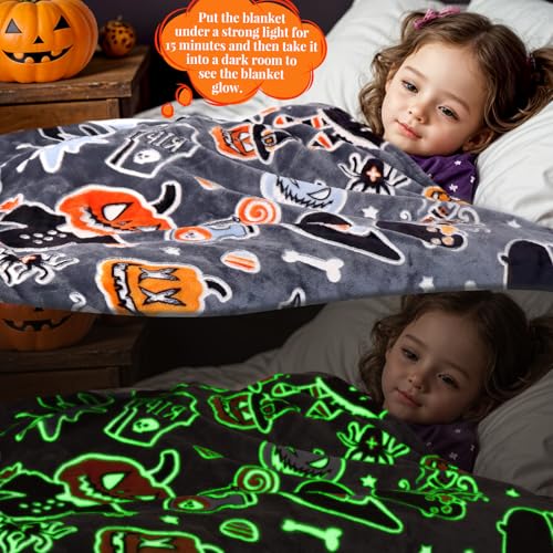 Image of Halloween Blanket Twin Size Soft Black Glowing Fall Pumpkin Throw Blanket Lightweight Fuzzy Grey Twin Bed Decoration Blanket for Bedroom Couch Sofa
