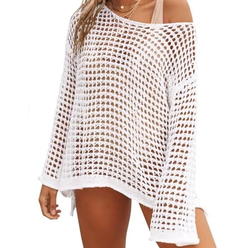LOMON Womens Beach Cover Ups Long Sleeve Crochet Coverups for Swimwear Mesh Knit Swimsuit Cover Up XS-XXL