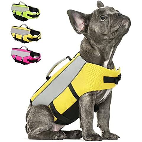 Queemore Dog Life Jacket, Adjustable Light Small Dog Life Vest with High Buoyancy, Aid Handle, Leash Hook, Reflective Stripes, Water Safety Preservers for Dogs 5-50 Lbs (Yellow,XS) Cover