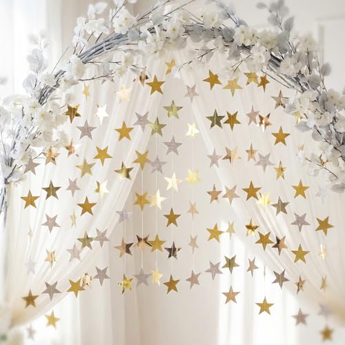 Image of Patelai 130 Feet Glitter Star Garland Banner 2026 Party Decoration Double Side Star Hanging String Streamer Paper Twinkle for Graduation Wedding Birthday (Glitter Gold /Champagne Gold,Gold)
