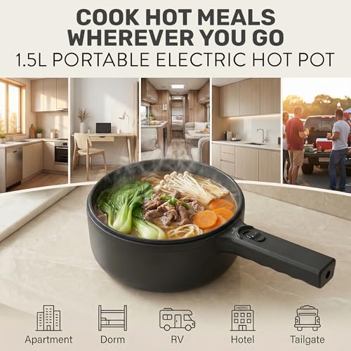 Image of CERAMAX Electric Hot Pot 1.5L, Non-Stick Ceramic Skillet with Steamer & Lid for Ramen, Soup, Steak, Egg - BPA-Free, Non-Toxic, 350F in 4 Min, Portable Electric Pan for Dorm, Travel, RV, Office, Black