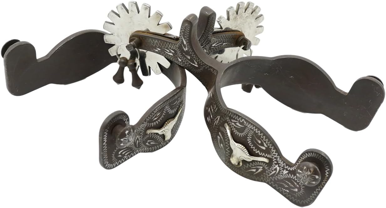 Jeereal Men's Western Antique Spurs with Spur Straps, Engraved German Silver Trims