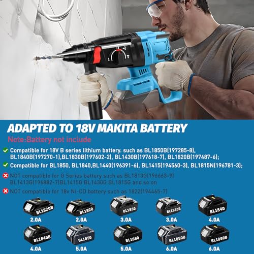 Akku Bohrhammer für Makita Li- Ion Akku 18V, 4-in-1 Bürstenloser Bohrhammer Akku 18v Bohrhammer 26mm (ohne Akkus und Ladegerät) – Bild 8