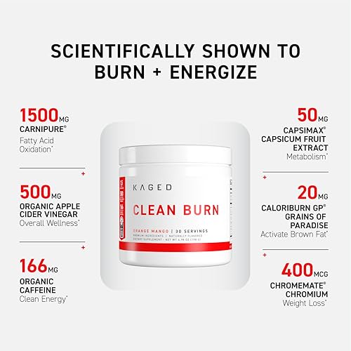 Image of Kaged Thermogenic Powder Clean Burn Orange Mango Men & Women Weight Management Supplement Natural Caffeine Apple Cider Vinegar 30 Servings