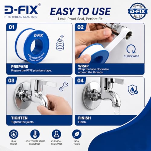 Image of D-fix Thread Seal Tapes Teflon Pipe Sealant Industrial Thread Sealants Plumbers for Leak Water Plumbing Air Head Pipe 12mm x 10Mtr (White, 10Pcs)